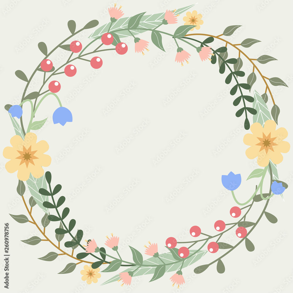 Cute card template with a wreath of different branches with leaves, berries and flowers. Patel colours. Green background. Flat style vector illustration. Vector.