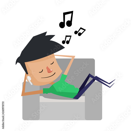man laying on couch listening and enjoy to music with true wireless headphone