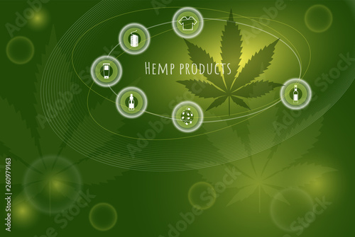 Hemp products concept. Icons on the background of a cannabis leaf.