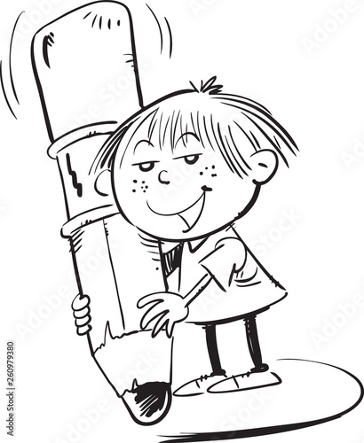 Boy holding big pencil cartoon drawing