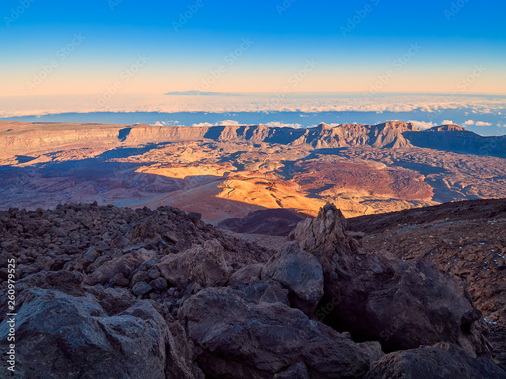 Panoramic view of the Tenerife Teide volcanic crater from the top peak