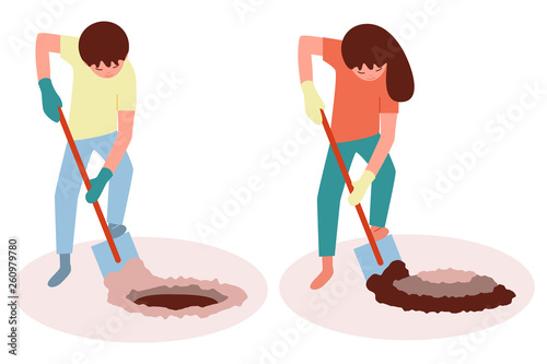 The guy with the shovel digs a hole, and  the girl a flower bed. Work in the garden. Vector illustration in flat style on white isolated background.