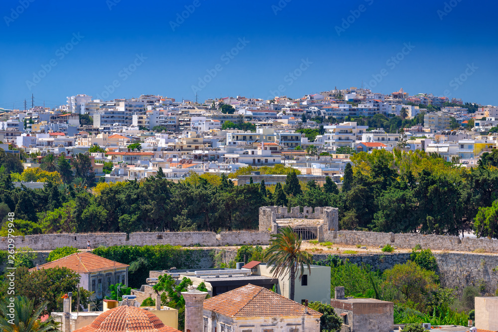The new city of Rhodes, with luxurious houses, developed on the hills above the old city and outside the ancient stone defensive walls, also near the Acropolis. Popular summer holiday destination.