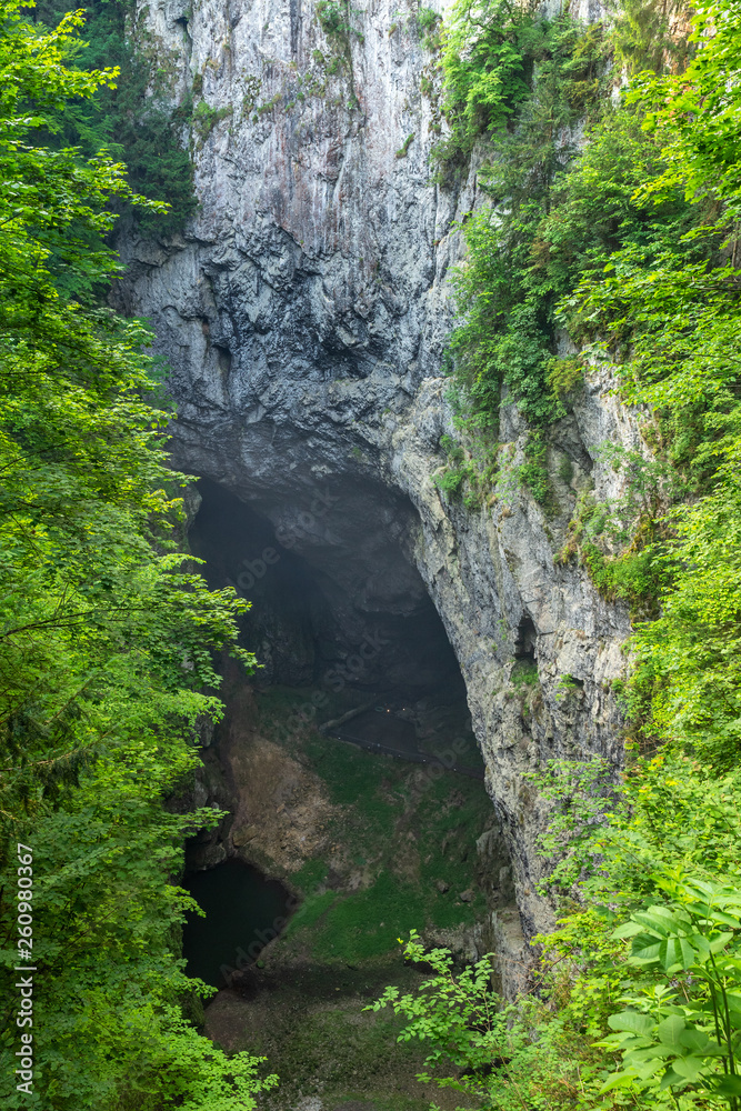 The Macocha Gorge with lake, sinkhole in the Moravian Karst cave system, Czech Republic, Europe.