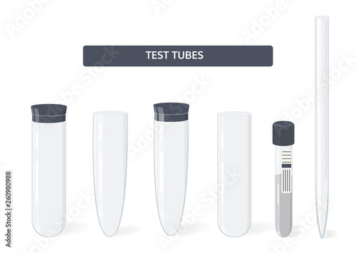 Several medical and chemical test tubes for laboratory experiments. Vector flat illustration.