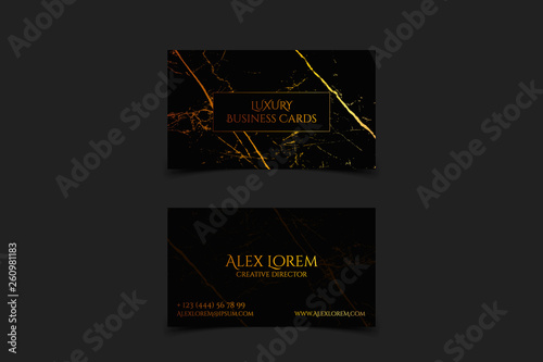 Luxury black business card with marble texture and gold detail vector template, banner or invitation with golden foil on black background. Branding and identity graphic design. photo