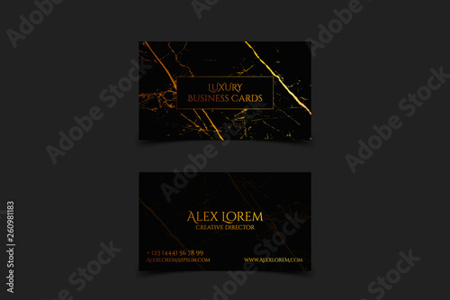 Luxury black business card with marble texture and gold detail vector template, banner or invitation with golden foil on black background. Branding and identity graphic design.