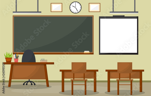 School Classroom Interior Room Blackboard Furniture Flat Design Vector