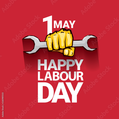 Happy labour day vector label with strong orange fist on red background. labor day background or banner with man hand. may day poster