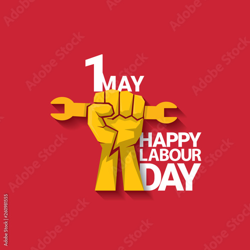 Happy labour day vector label with strong orange fist on red background. labor day background or banner with man hand. may day poster