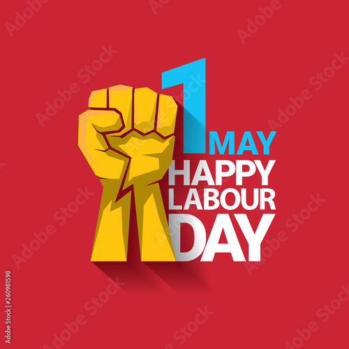 Happy labour day vector label with strong orange fist on red background. labor day background or banner with man hand. may day poster