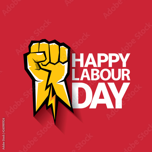 Happy labour day vector label with strong orange fist on red background. labor day background or banner with man hand. may day poster
