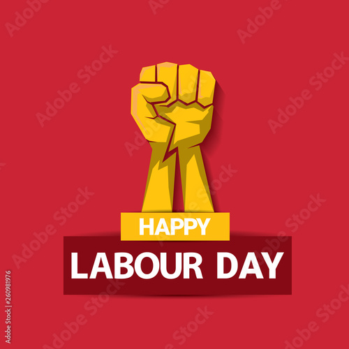 Happy labour day vector label with strong orange fist on red background. labor day background or banner with man hand. may day poster