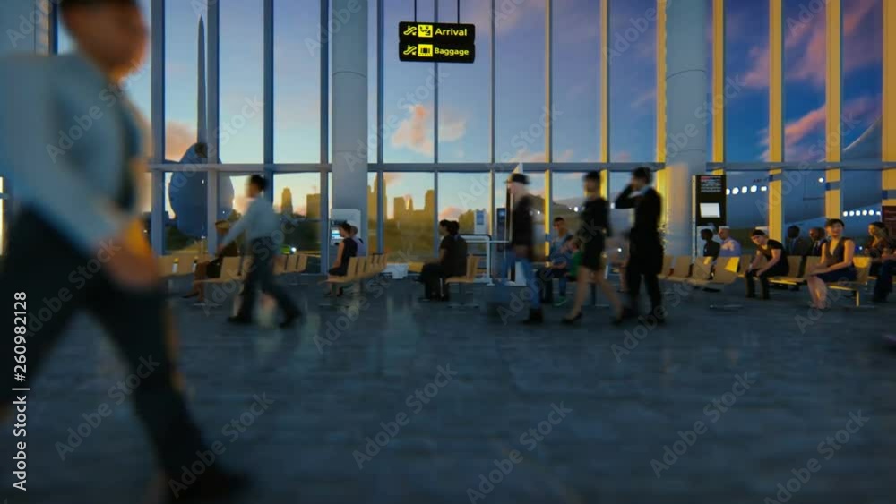 Passengers in airport terminal with airplanes and city skyline against beautiful sunset, panning