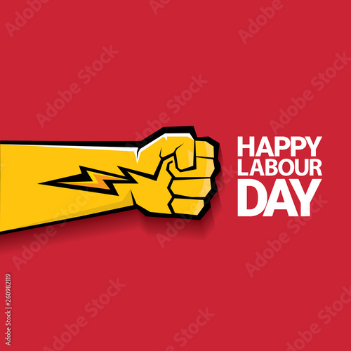 Happy labour day vector label with strong orange fist on red background. labor day background or banner with man hand. may day poster