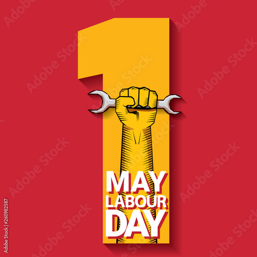 Happy labour day vector label with strong orange fist on red background. labor day background or banner with man hand. may day poster