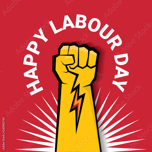 Happy labour day vector label with strong orange fist on red background. labor day background or banner with man hand. may day poster