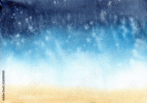 illustration watercolor abstract background sea ocean beach sand. smooth gradient transition from indigo, turquoise, blue, yellow, brown. hand drawn