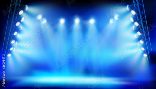 Stage illuminated by spotlights during the show on the stadium. Vector illustration.