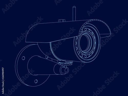 Wireframe camera frame. Isometric view. Contour of the surveillance camera of the blue lines on a dark background. Vector illustration