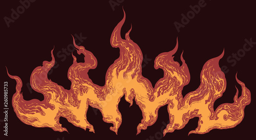 Tongue of Fire. Hand drawn engraving. Editable vector vintage illustration. Isolated on dark background. 8 EPS