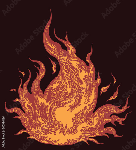 Tongue of Fire. Hand drawn engraving. Editable vector vintage illustration. Isolated on dark background. 8 EPS