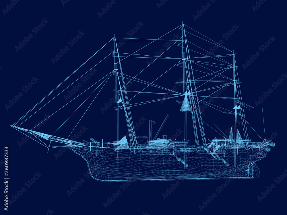 Wrieframe of an old sailing ship. Side view. Vector illustration Wrieframe of an old sailing ship. Side view. Vector illustration
