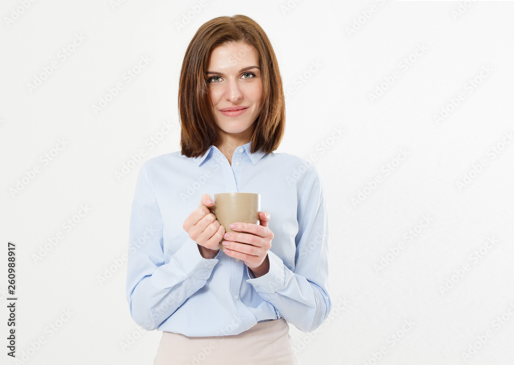 Beautiful young business girl holding a mug with a hot drink - beautiful modern woman brunette Beautiful young business girl holding a mug with a hot drink - beautiful modern woman brunette