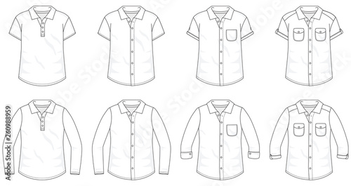 Set of Shirts Button up Blouses fashion stylish t-shirt polo collection template, fill in the blank vest tops various styles short and long sleeve with pocket and collar outline
