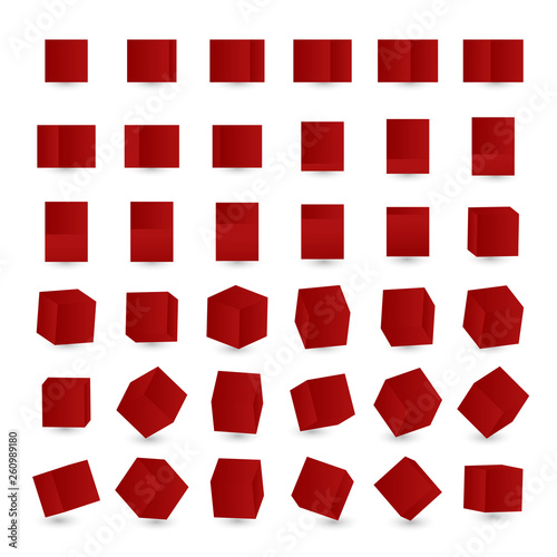 Set with red cubes. 3D. Animation of cube rotation. Vector illustration