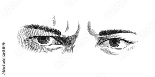 Men's frowning eyes with anger and resentment emotions, sketch vector graphics monochrome drawing.