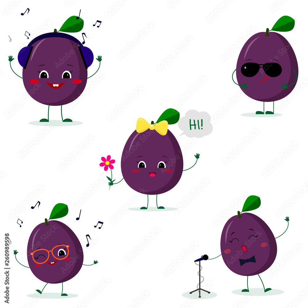 Fototapeta premium A set of five Kawaii cute plum purple fruit in a cartoon style. In headphones, in sunglasses, dancing in glasses , with a flower, singing into the microphone. Flat, Vector illustration