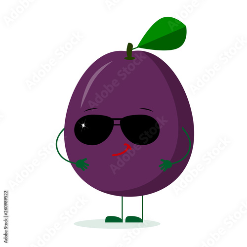 Kawaii cute plum purple fruit character in the style of a cartoon in sunglasses. Logo, template, design. Vector illustration, a flat style