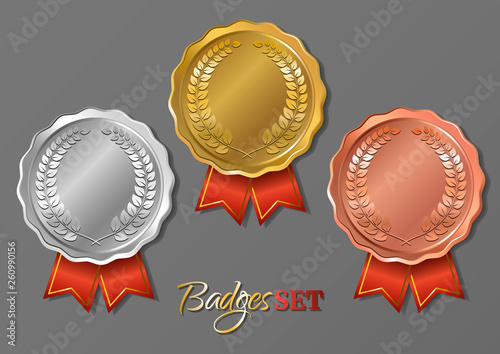 Set of three blank medals with laurel wreath and red ribbons on gray background. Gold, silver, bronze medallions.  Blank medals set. Badges. Vector illustration.
