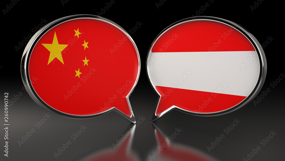China and Austria flags with Speech Bubbles. 3D Illustration China and Austria flags with Speech Bubbles. 3D Illustration