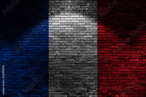 France flag on brick wall at night