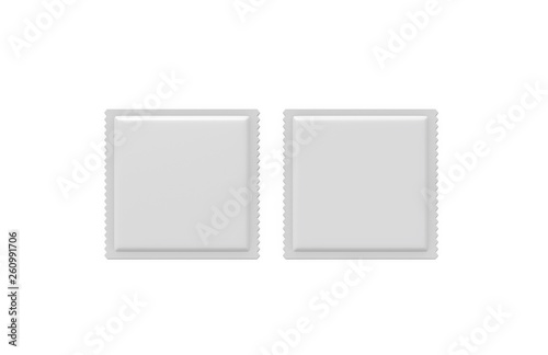 White blank sachet packaging for food, cosmetics and medicines, mock up template on isolated white background, 3d illustration
