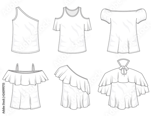 Isolated off the shoulder tops object of clothes and fashion stylish wear fill in blank. Set of clothing t shirts and vector illustration. One shoulder, ruffles, with bow and straps with sleeves