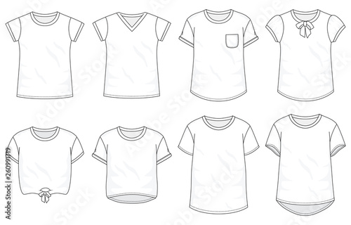 Isolated t-shirt object of clothes and fashion stylish wear fill in blank. Set of clothing t shirts and vector illustration. Regular, V-Neck, Pocket, Bow, Crop top, Long, Baggy Tee