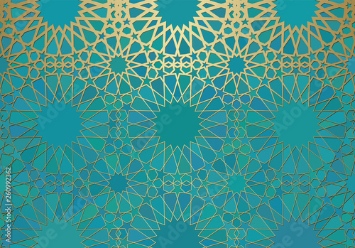 Abstract background with islamic ornament, arabic geometric texture. Golden lined tiled motif.
