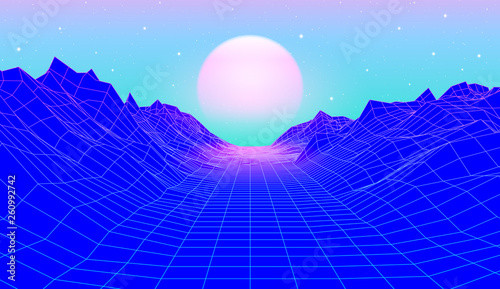 80s synthwave styled landscape with blue grid mountains and sun over canyon