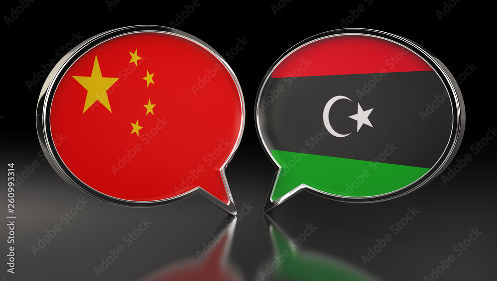 China and Libya flags with Speech Bubbles. 3D Illustration China and Libya flags with Speech Bubbles. 3D Illustration