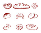 Set of hand drawn doodle cartoon food: donut, bun, biscuit, sliced bread, bagel, french baguette, croissant. Vector illustration. Sketchy collection of elements of flour products. Concept.