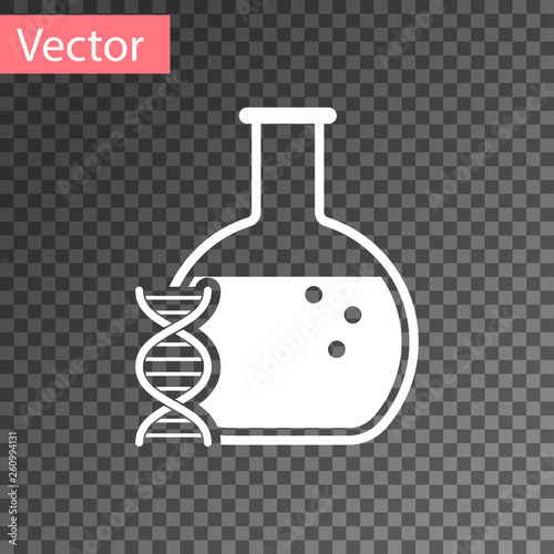 White DNA research, search icon isolated on transparent background. Genetic engineering, genetics testing, cloning, paternity testing. Vector Illustration