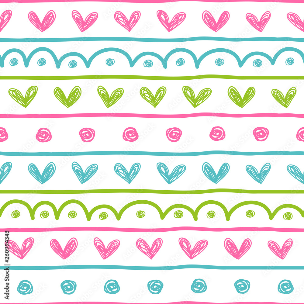 Hearts, dots and lines in pink, green and blue colors. Seamless vector pattern. Hearts, dots and lines in pink, green and blue colors. Seamless vector pattern.