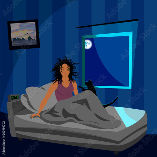 Cat needs attention. Vector image of a girl and a cat in the bedroom interior
