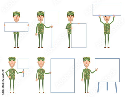 Set of military man characters posing with different blank banners. Cheerful soldier holding paper, placard, poster, pointing to whiteboard. Advertise, promote, teach. Flat vector illustration
