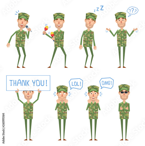 Set of military man characters posing in different situations. Cheerful soldier in camouflage karaoke singing, dancing, sleeping, thinking, laughing, surprised. Flat style vector illustration