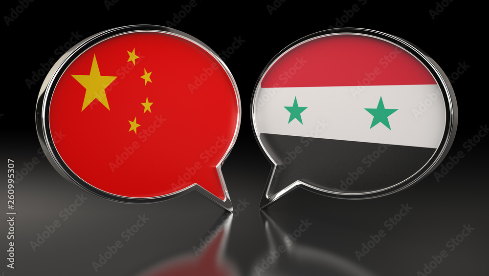 China and Syria flags with Speech Bubbles. 3D Illustration China and Syria flags with Speech Bubbles. 3D Illustration