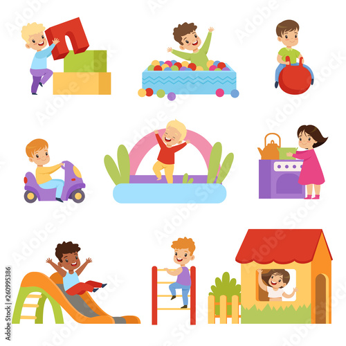 Kids having fun at playground set, boys and girls playing with toys, sliding down slide, climbing ladder vector Illustrations on a white background